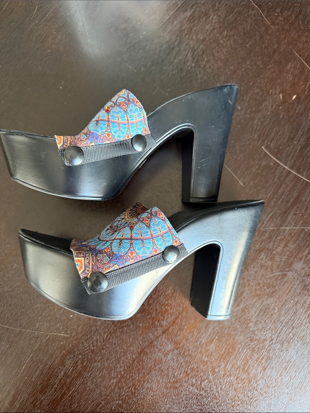 Black Slide Sandals with Blue Patterned Strap
